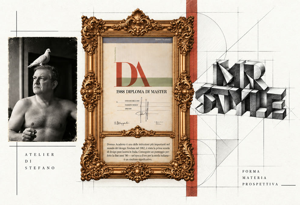 Collage dello Studio Stilistico: ritratto di Stefano, diploma di master incorniciato e scritta tridimensionale Mr. Style
