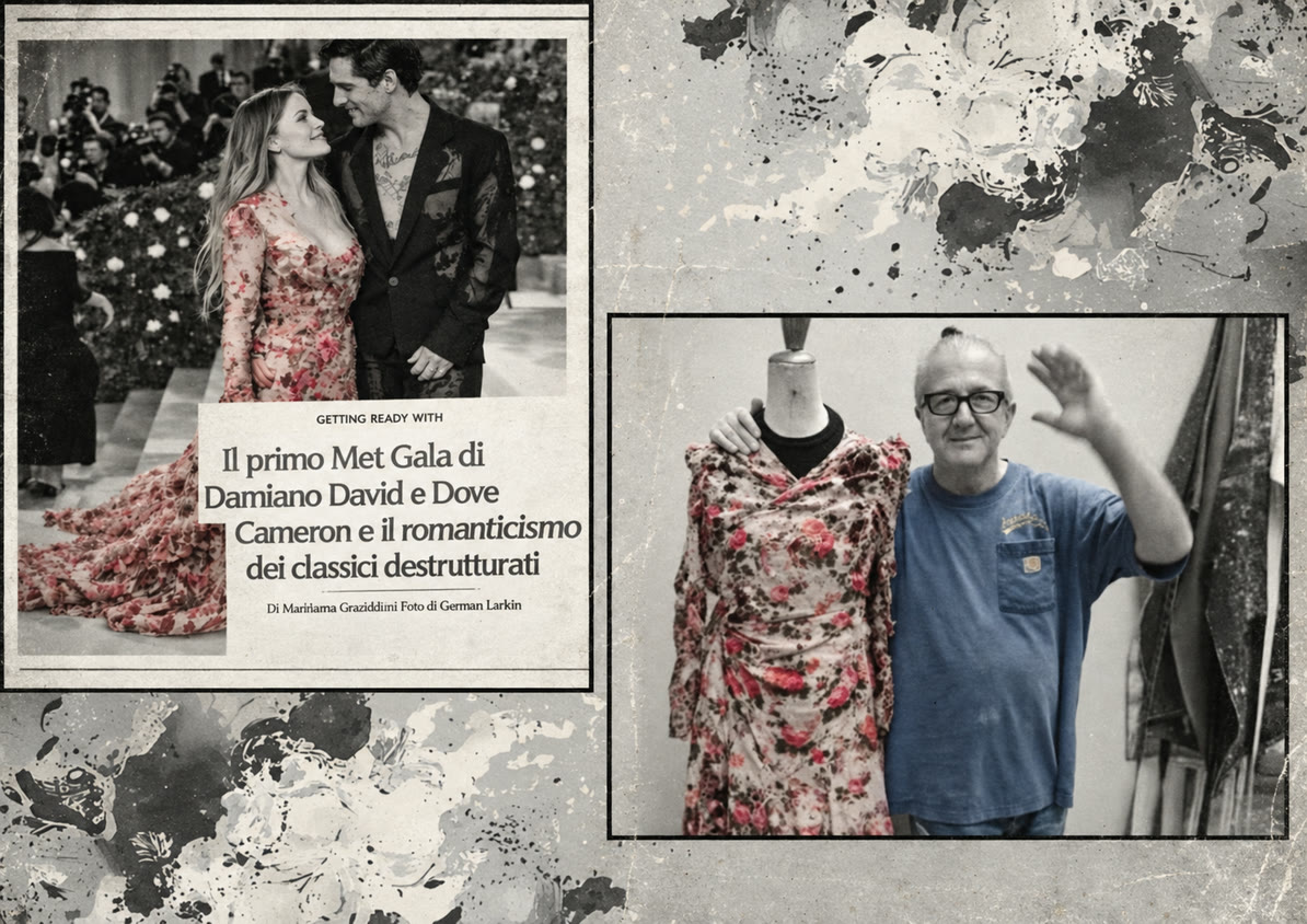 Collage di moda con abito floreale, articolo editoriale e lavorazione su manichino